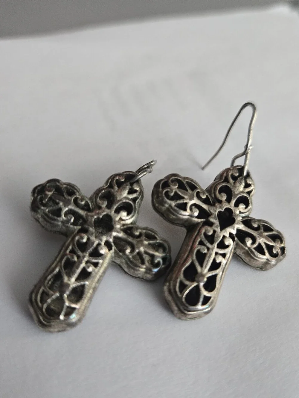Vintage Filigree Cross‎ Earrings Silver Tone Boho Western Gothic Dangle Earrings